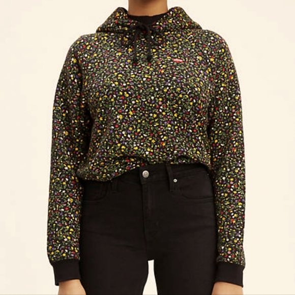 Levi's Black Floral Flower Print Cinched Hoodie - Picture 1 of 5